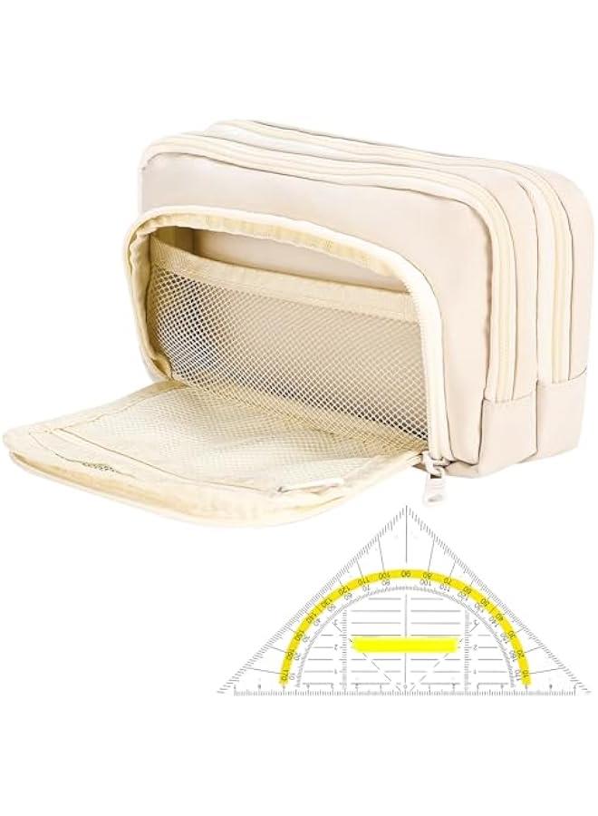 إسكدنيا قلم رصاص حقيبة ، حالة قلم رصاص كبير مع 3 طبقات سستة ، فتاة الكبار حالة قلم رصاص المحمولة حقيبة مستحضرات التجميل ، مكتب المدرسة الأكاديمية الجمالية حالة قلم رصاص ( بيج ) - Image 1