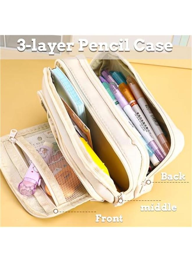 إسكدنيا قلم رصاص حقيبة ، حالة قلم رصاص كبير مع 3 طبقات سستة ، فتاة الكبار حالة قلم رصاص المحمولة حقيبة مستحضرات التجميل ، مكتب المدرسة الأكاديمية الجمالية حالة قلم رصاص ( بيج ) - Image 4