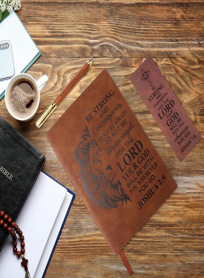 Fuyoooo 4 Pcs Christian Gifts for Men Father's Day Pastor Appreciation Gifts Vintage Leather Hardcover Notebook 1 Timothy 6:11 Religious Bible Verse Pen Joshua 1:9 Bookmark & Box(Lion,Brown) - Image 3