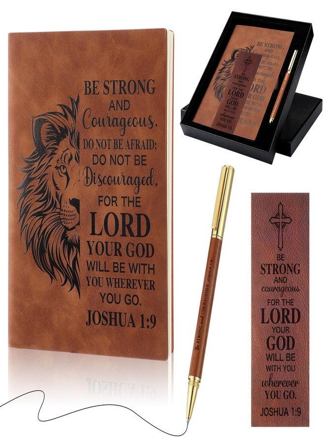 Fuyoooo 4 Pcs Christian Gifts for Men Father's Day Pastor Appreciation Gifts Vintage Leather Hardcover Notebook 1 Timothy 6:11 Religious Bible Verse Pen Joshua 1:9 Bookmark & Box(Lion,Brown) - Image 1