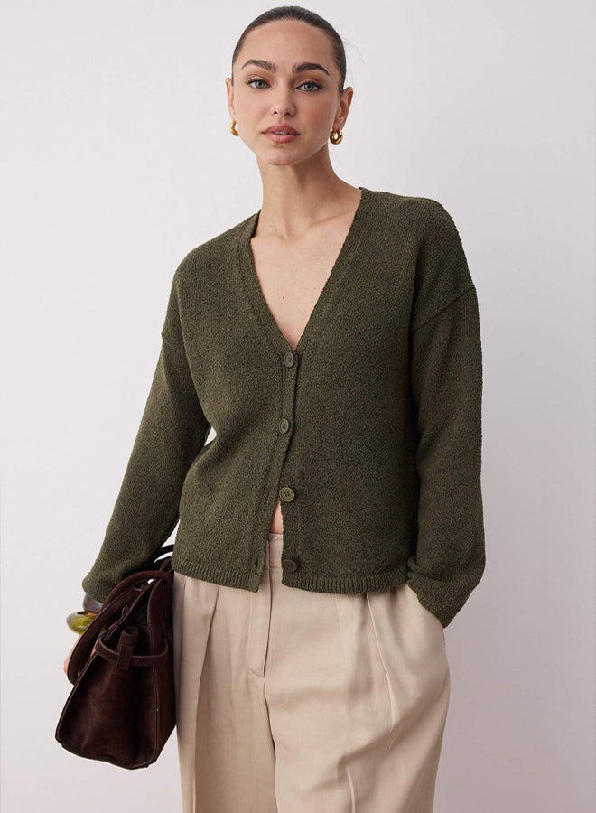 trendyol Khaki More Sustainable Cotton Blended Basic Wide Fit Knitwear Cardigan - Image 1