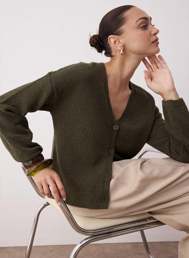 trendyol Khaki More Sustainable Cotton Blended Basic Wide Fit Knitwear Cardigan - Image 2