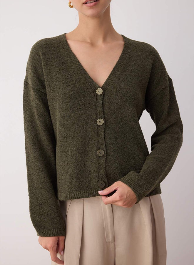 trendyol Khaki More Sustainable Cotton Blended Basic Wide Fit Knitwear Cardigan - Image 3