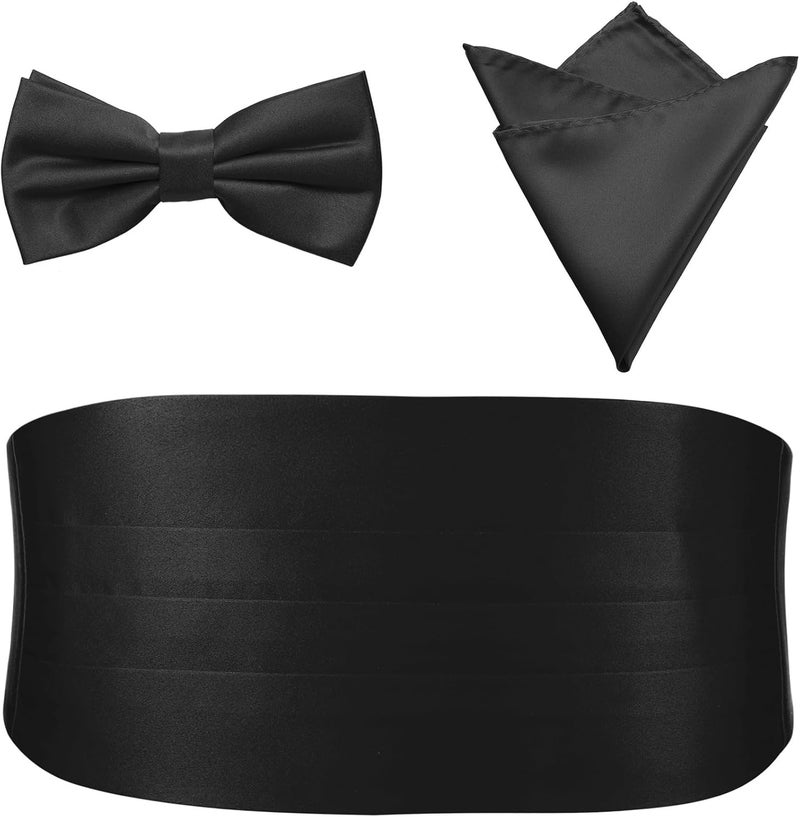pensee Mens Formal Solid Pre-tied Bow Tie & Pocket Square & Cummerbund Set - Image 1