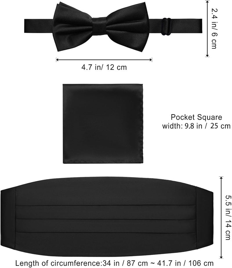 pensee Mens Formal Solid Pre-tied Bow Tie & Pocket Square & Cummerbund Set - Image 3