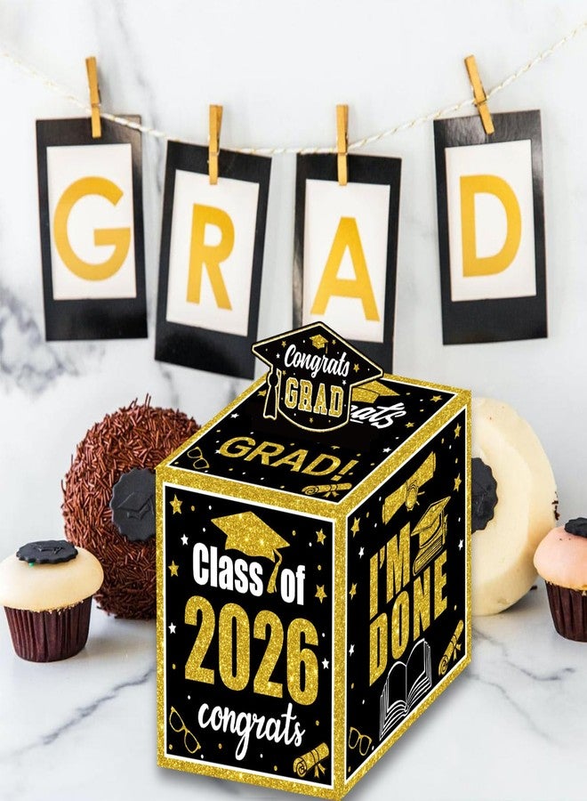 Racenaf Graduation Decoration Class of 2026 Money Box - Black and Gold Graduation Money Box for Cash Gift Pull Congrats Grad Card and 100Pcs Transparent Bags for Graduation Gift Party Supplies - Image 2