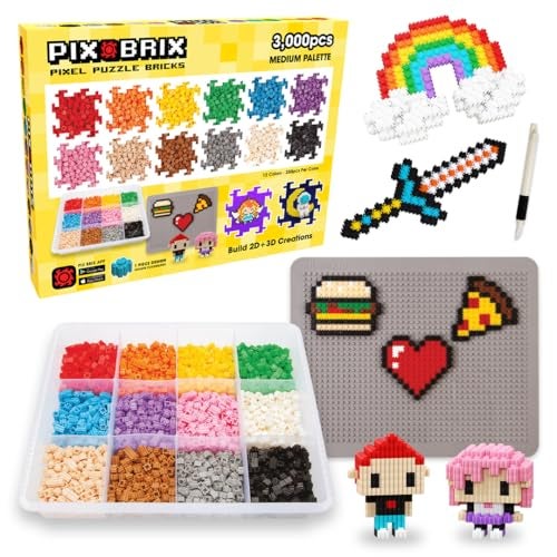 Pix Brix Pixel Art kit Puzzle Bricks  3000 Piece Pixel Art Container 12 Color Medium Palette  Interlocking Building Bricks Create 2D and 3D Builds Without Water or Glue  Stem Toys Ages 6 Plus - Image 1