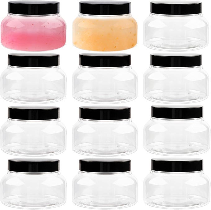 8 OZ PLASTIC CONTAINER TUSCANY JARS WITH LIDS BPA FREE, 12 PACK EMPTY ROUND CLEAR COSMETIC CONTAINERS BODY BUTTER JARS FOR LOTION, CREAM, GEL, SUGAR SCRUB
