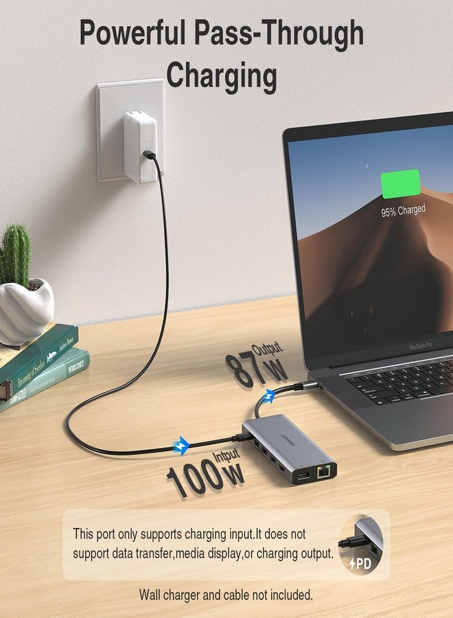 محطة إرساء USB-C لثلاث شاشات، موزع USB-C، محول متعدد المنافذ لشاشتين للكمبيوتر المحمول، دونجل، منفذ USB-C إلى منفذي HDMI، منفذ DisplayPort بدقة 4K، شحن سريع، منفذ إيثرنت، 7 منافذ USB-C/A، منفذ SD/TF، منفذ صوت لأجهزة Dell/HP/Lenovo/Surface - Image 5
