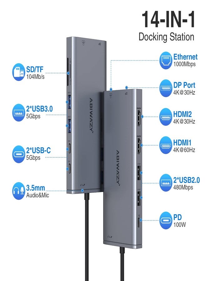 محطة إرساء USB-C لثلاث شاشات، موزع USB-C، محول متعدد المنافذ لشاشتين للكمبيوتر المحمول، دونجل، منفذ USB-C إلى منفذي HDMI، منفذ DisplayPort بدقة 4K، شحن سريع، منفذ إيثرنت، 7 منافذ USB-C/A، منفذ SD/TF، منفذ صوت لأجهزة Dell/HP/Lenovo/Surface - Image 2