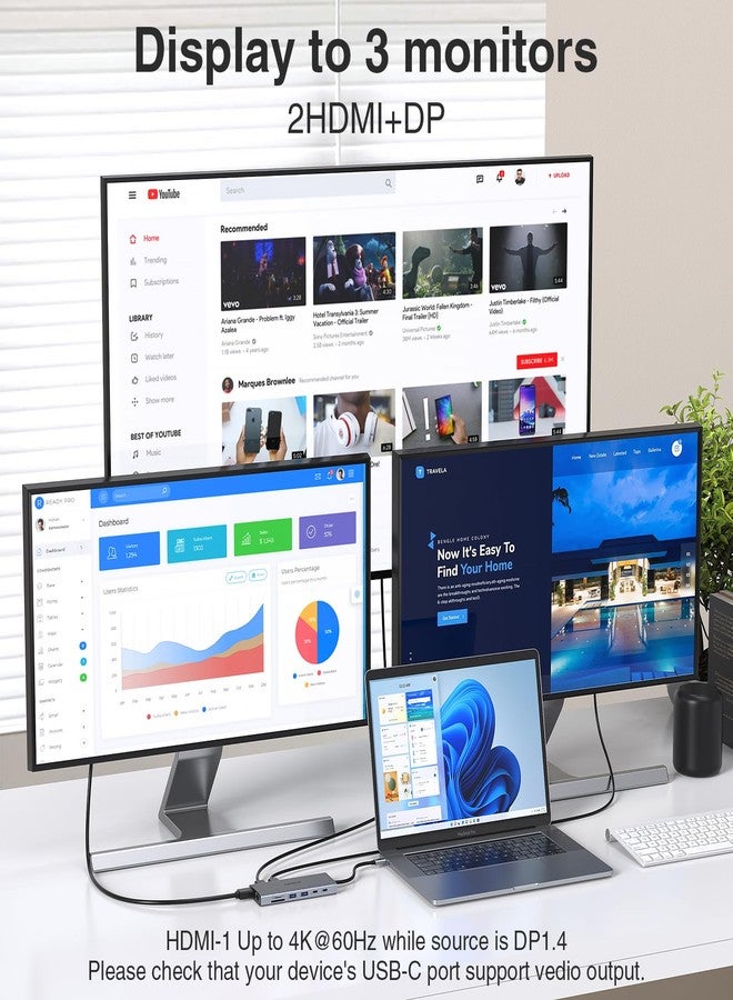 محطة إرساء USB-C لثلاث شاشات، موزع USB-C، محول متعدد المنافذ لشاشتين للكمبيوتر المحمول، دونجل، منفذ USB-C إلى منفذي HDMI، منفذ DisplayPort بدقة 4K، شحن سريع، منفذ إيثرنت، 7 منافذ USB-C/A، منفذ SD/TF، منفذ صوت لأجهزة Dell/HP/Lenovo/Surface - Image 3