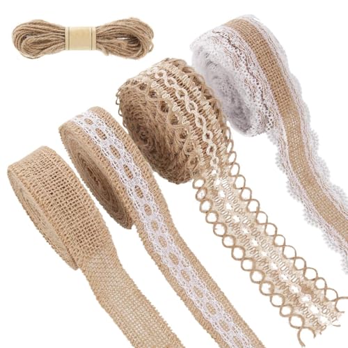 PALAY® 4 Rolls 13.12ft Jute Rope Burlap Ribbon Lace + 32.8ft Hemp Rope, Jute Rope for Craft Ribbons for Gift Wrapping, Event & Wedding Decorations, Gift Packing Materials Natural Fabric Roll Craft - Image 1