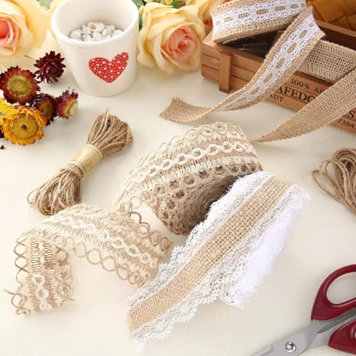 PALAY® 4 Rolls 13.12ft Jute Rope Burlap Ribbon Lace + 32.8ft Hemp Rope, Jute Rope for Craft Ribbons for Gift Wrapping, Event & Wedding Decorations, Gift Packing Materials Natural Fabric Roll Craft - Image 5