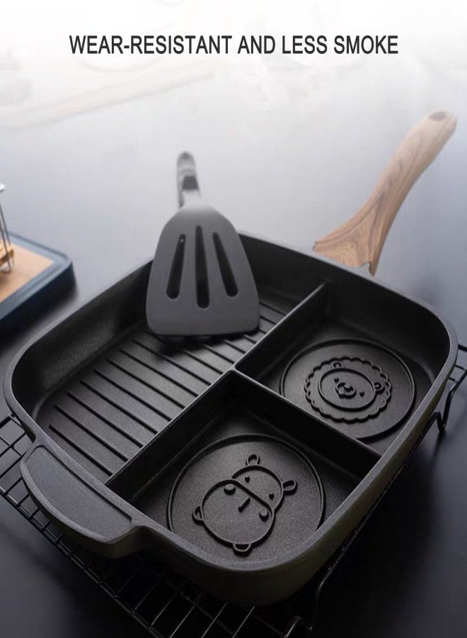 Pancake Pan with 2 Animal Face Designs Square Pancake Pan Non-stick Coating Wood Handle Suitable for Open Flame Induction Cooker - Image 3