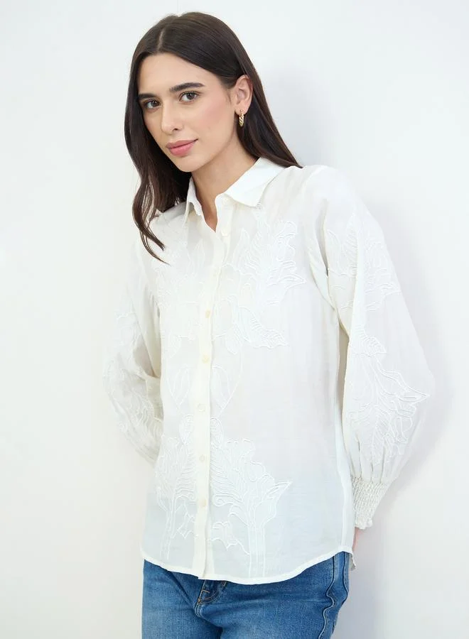 Styli Off White Embroidered Regular Fit Cotton Shirt