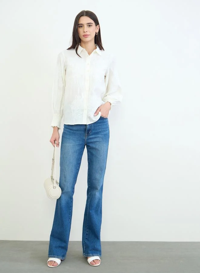 Styli Off White Embroidered Regular Fit Cotton Shirt