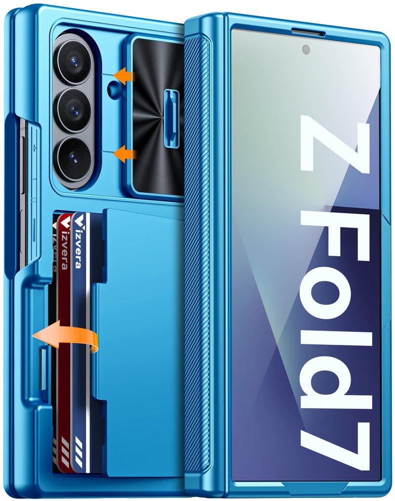 Vizvera for Samsung Galaxy Z Fold 7 Case RFID Wallet with Cards Holder [Hinge Cover] [Camera Cover] Shockproof Silicone Protective Phone Case for Z Fold 7 2025-Lake Blue - Image 1