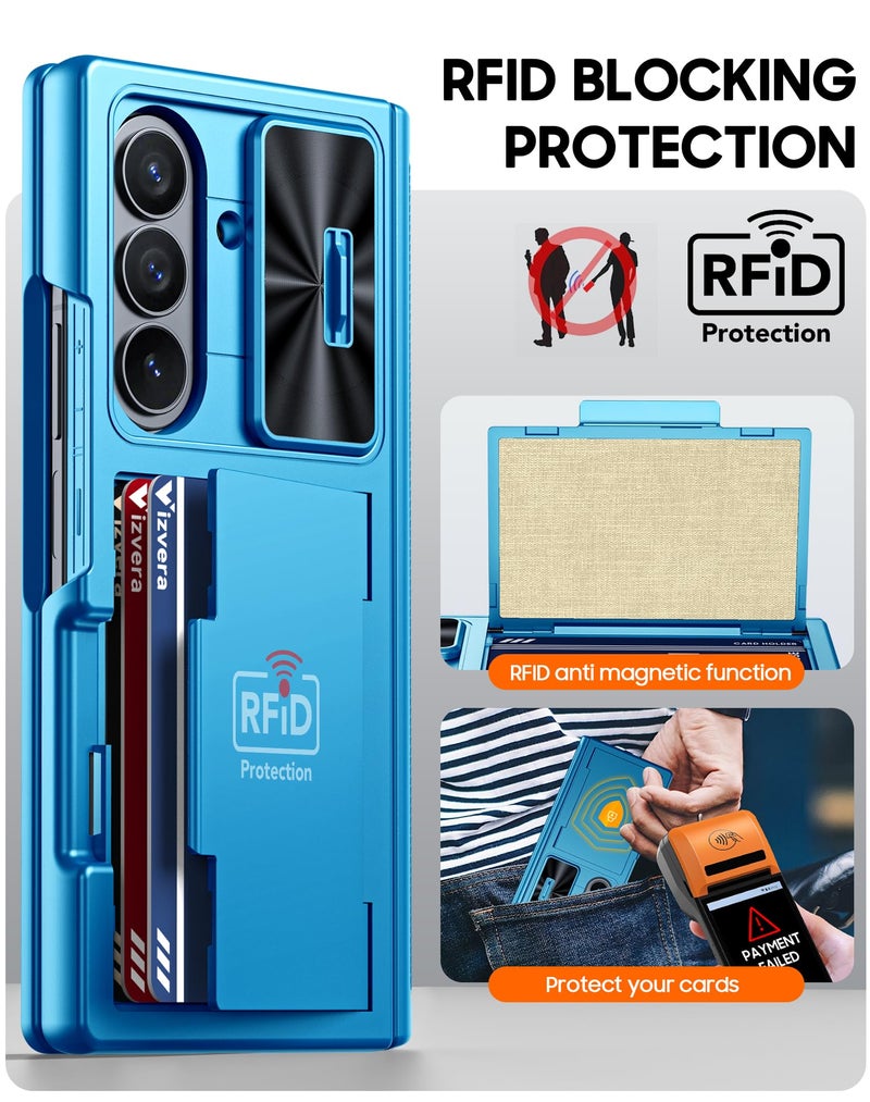 Vizvera for Samsung Galaxy Z Fold 7 Case RFID Wallet with Cards Holder [Hinge Cover] [Camera Cover] Shockproof Silicone Protective Phone Case for Z Fold 7 2025-Lake Blue - Image 3