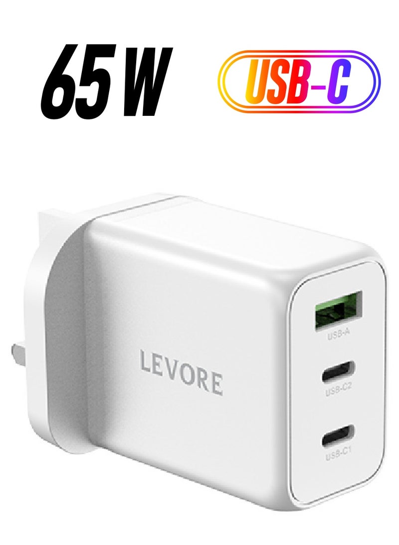 LEVORE شاحن حائط مزود بخاصية توصيل الطاقة (PD) GaN 3-Porsts 65W - أبيض LGW131-WH - Image 1