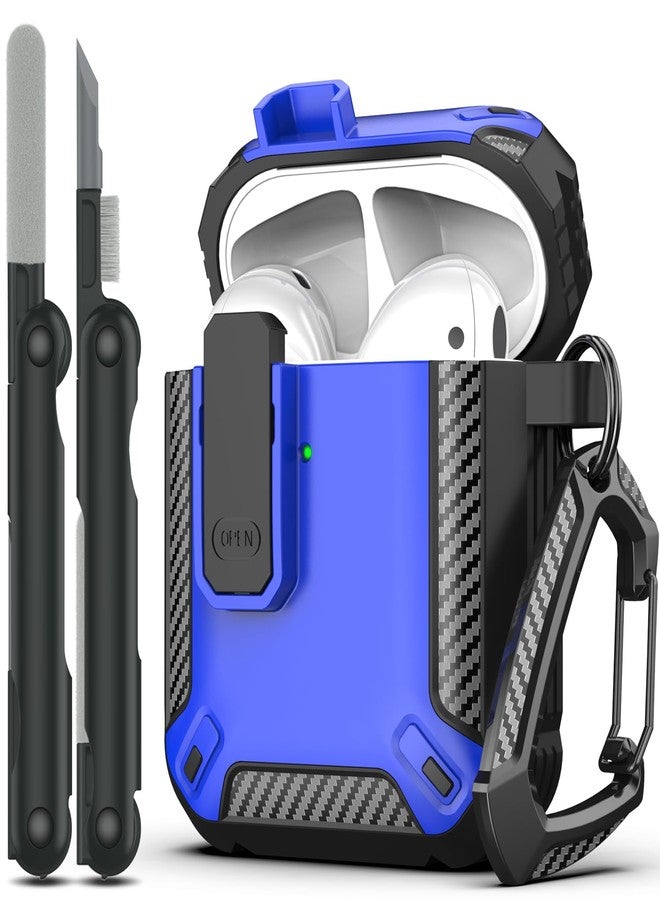 RFUNGUANGO for AirPods 2nd Generation Case Cover with Cleaner Kit, Military Hard Shell Protective Armor with Lock for AirPod Gen 1&2 Charging Case, Front LED Visible,Blue - Image 1