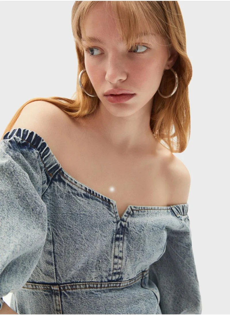 JUNE Denim Bardot Mini Dress