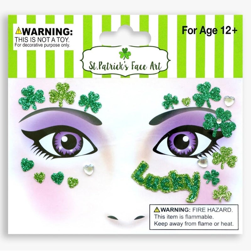Jacnkb 2 Sheets Shamrock Glitter Face Tattoo Jewelry, St. Patrick's Day Celebration Face Gems with Assorted Designs, Sparkle Glitter in Parades, Parties & More (style1) - Image 1