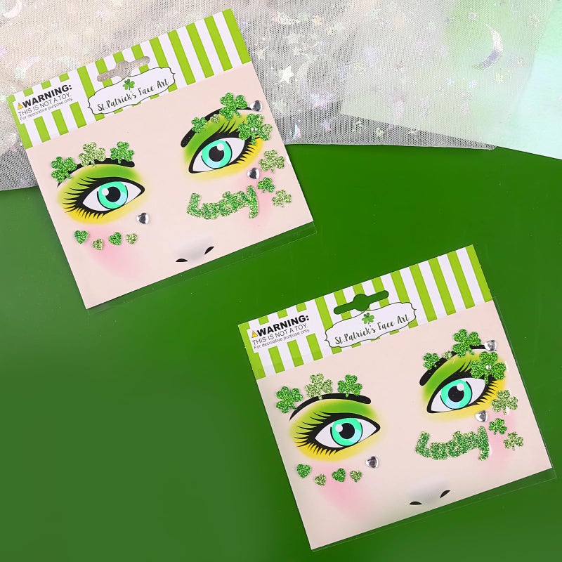 Jacnkb 2 Sheets Shamrock Glitter Face Tattoo Jewelry, St. Patrick's Day Celebration Face Gems with Assorted Designs, Sparkle Glitter in Parades, Parties & More (style1) - Image 4
