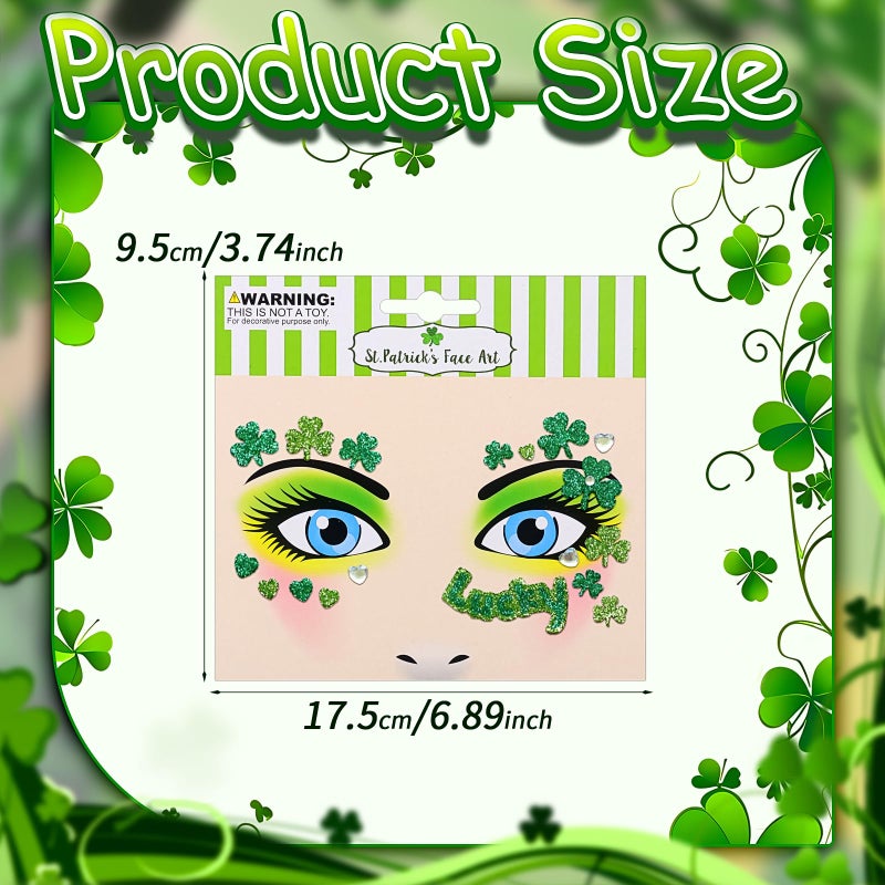 Jacnkb 2 Sheets Shamrock Glitter Face Tattoo Jewelry, St. Patrick's Day Celebration Face Gems with Assorted Designs, Sparkle Glitter in Parades, Parties & More (style1) - Image 2