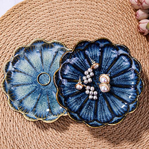 BOSILI Ceramic Jewelry Dish Ring Plate Tray Vintage Lotus Shaped Jewelry Key Bowl Ring Holder for Jewelry Wedding Engagement Set of 2(Blue and Green) - Image 3