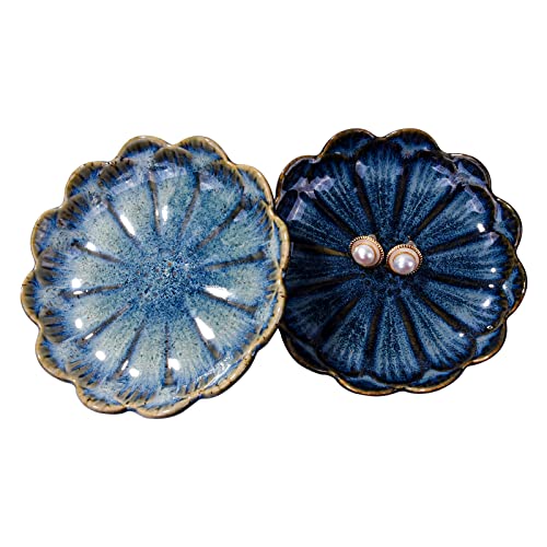 BOSILI Ceramic Jewelry Dish Ring Plate Tray Vintage Lotus Shaped Jewelry Key Bowl Ring Holder for Jewelry Wedding Engagement Set of 2(Blue and Green) - Image 1