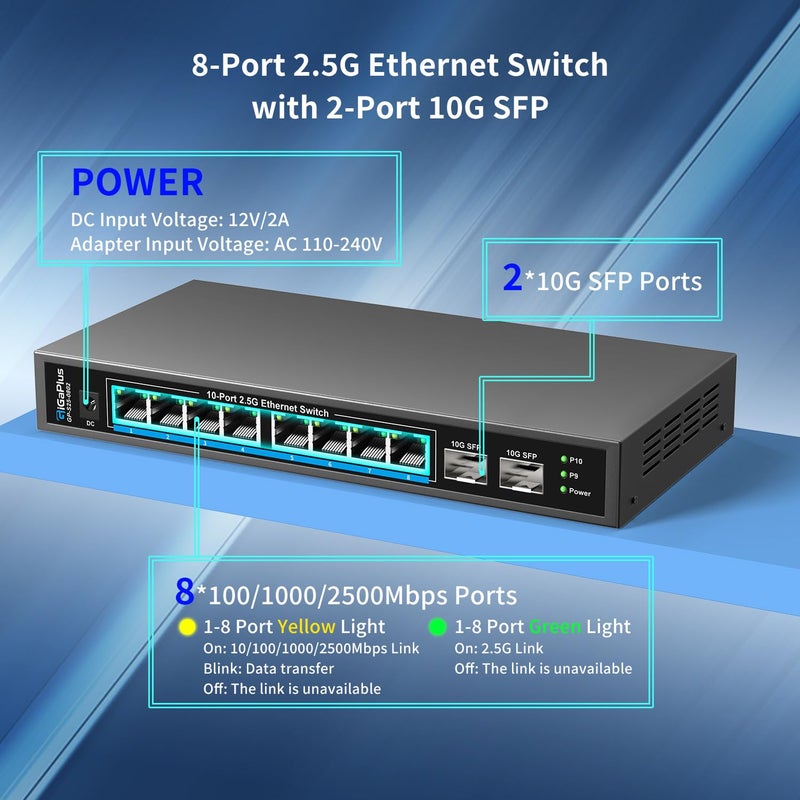 GigaPlus 10 Port 2.5Gb Unmanaged Ethernet Switch with 8* 2.5G Base-T Ports, 2* 10G SFP+ Ports. GiGaPlus 2.5Gbps Network Switch for 2.5Gbps NAS/PC, WiFi6 Router, Wireless AP. Fanless Design, Plug and Play - Image 2