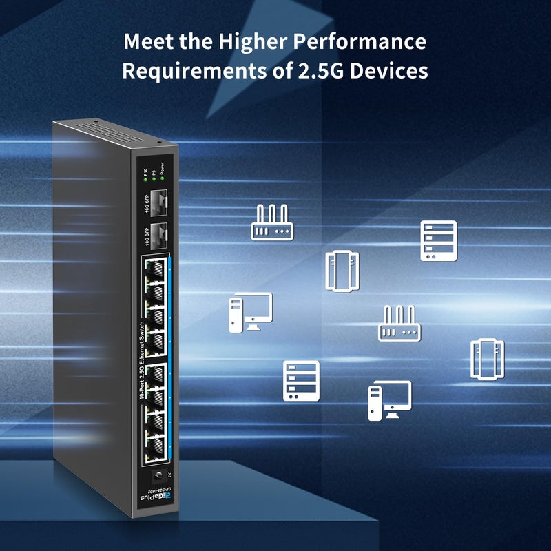 GigaPlus 10 Port 2.5Gb Unmanaged Ethernet Switch with 8* 2.5G Base-T Ports, 2* 10G SFP+ Ports. GiGaPlus 2.5Gbps Network Switch for 2.5Gbps NAS/PC, WiFi6 Router, Wireless AP. Fanless Design, Plug and Play - Image 5