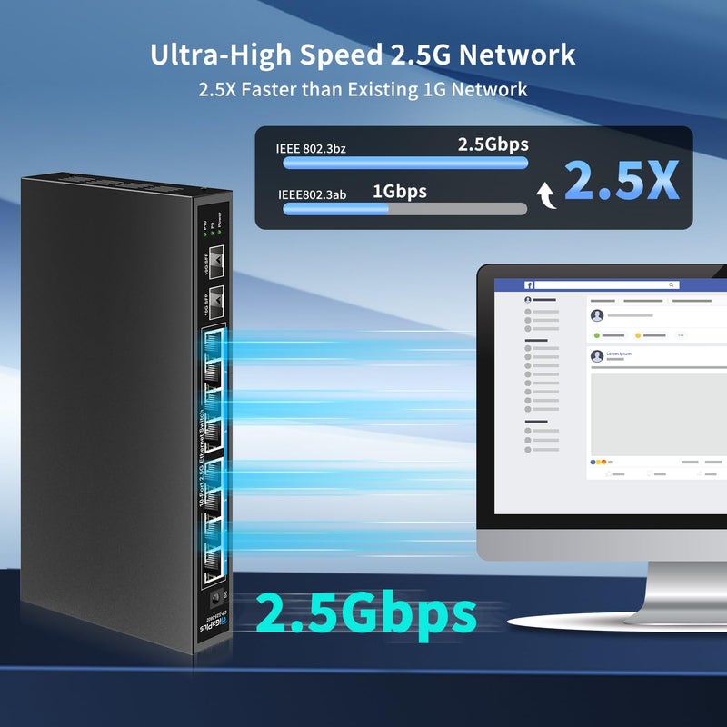 GigaPlus 10 Port 2.5Gb Unmanaged Ethernet Switch with 8* 2.5G Base-T Ports, 2* 10G SFP+ Ports. GiGaPlus 2.5Gbps Network Switch for 2.5Gbps NAS/PC, WiFi6 Router, Wireless AP. Fanless Design, Plug and Play - Image 3