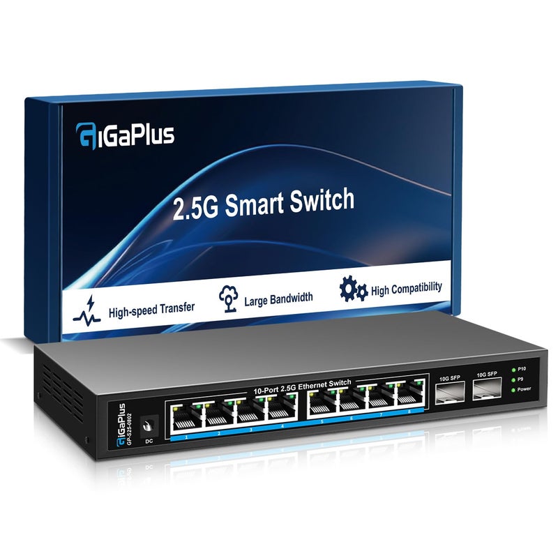 GigaPlus 10 Port 2.5Gb Unmanaged Ethernet Switch with 8* 2.5G Base-T Ports, 2* 10G SFP+ Ports. GiGaPlus 2.5Gbps Network Switch for 2.5Gbps NAS/PC, WiFi6 Router, Wireless AP. Fanless Design, Plug and Play - Image 1