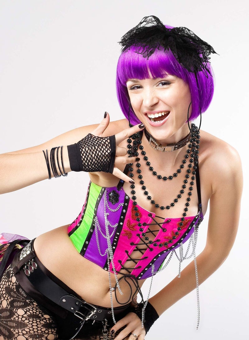 Barakah 80s Fancy Dress Costume Accessories Lace Headband Earrings Fishnet Gloves Necklace Bracelet for Retro Party, Black - Image 2