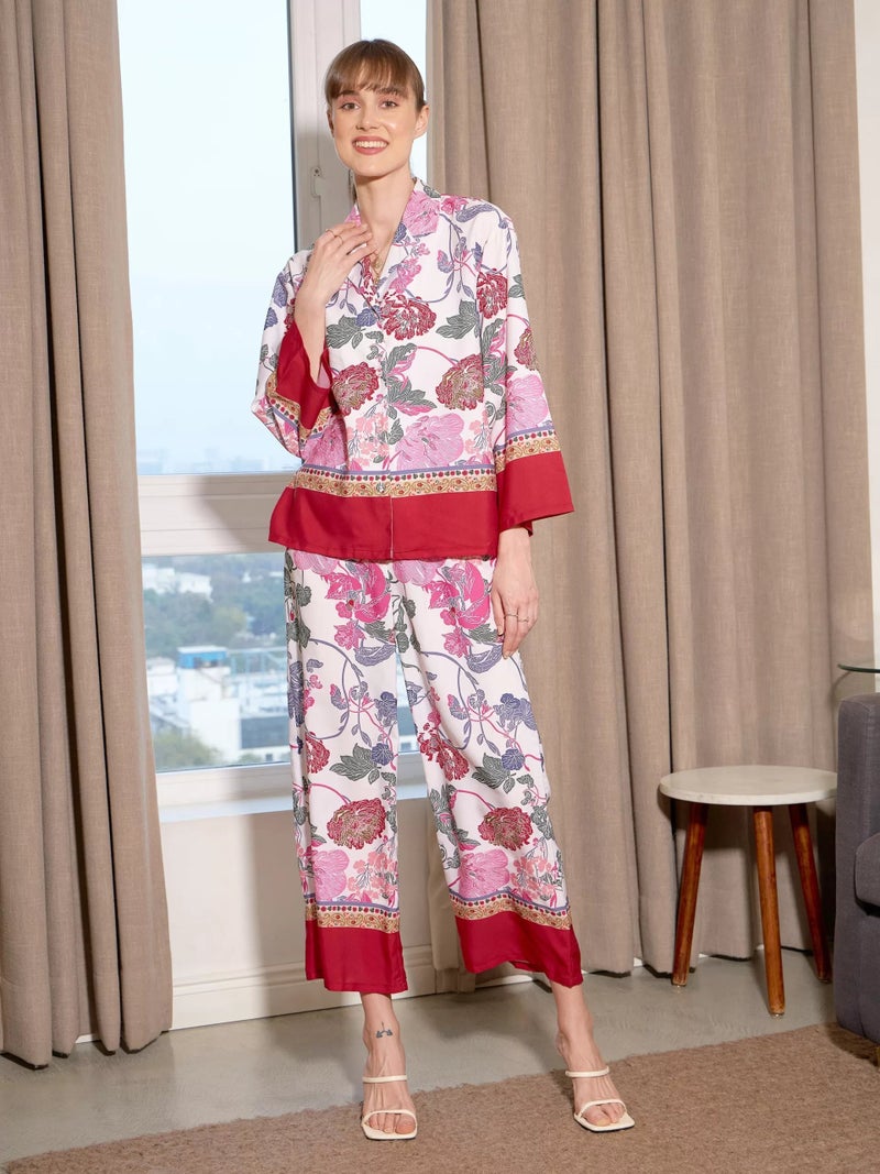 PRASHA Women White Floral Notch Collar Shirt With Lounge Pants - Image 2