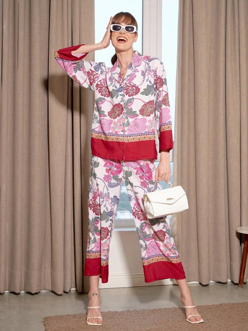 PRASHA Women White Floral Notch Collar Shirt With Lounge Pants - Image 3