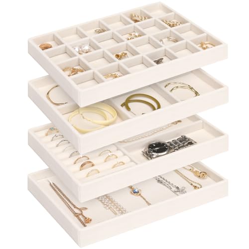 Jenseits 4 Jewelry Organizer Drawer Insert, Stackable Velvet Jewelry Tray Organizer Display Case Storage Containers, Earring Holder Necklace Watch Bracelet Accessary Ring Trays, Gift For Women (Beige) - Image 1
