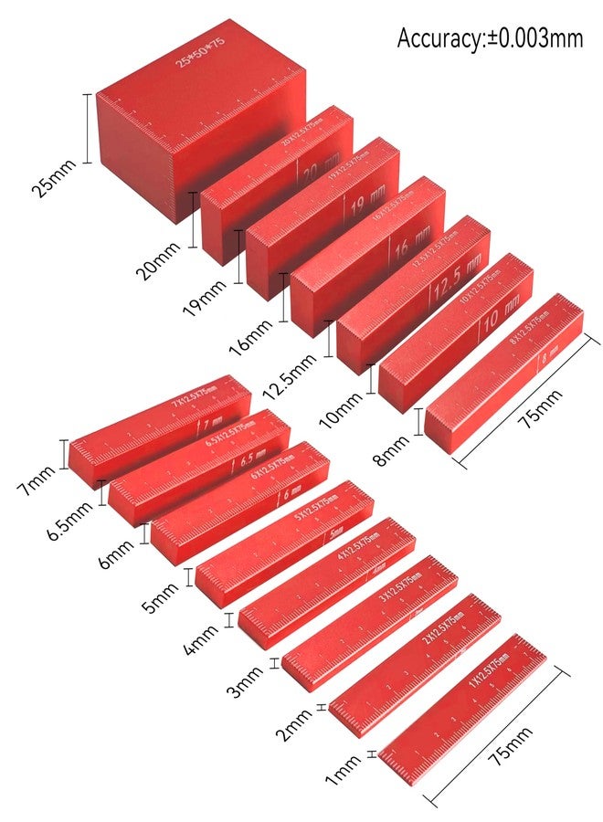 أتش أف أس مجموعة قياس ارتفاع كتل الإعداد HFS(R) المصنوعة من سبائك الألومنيوم لقضبان الإعداد لمنشار الطاولة للنجارة، 15 قطعة باللون الأحمر المتري - Image 2