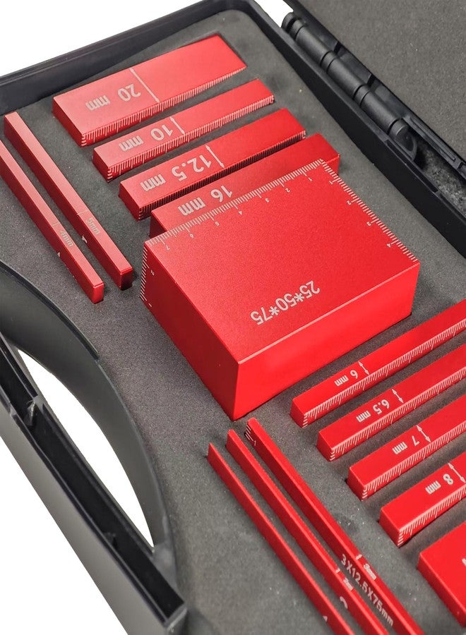 أتش أف أس مجموعة قياس ارتفاع كتل الإعداد HFS(R) المصنوعة من سبائك الألومنيوم لقضبان الإعداد لمنشار الطاولة للنجارة، 15 قطعة باللون الأحمر المتري - Image 3