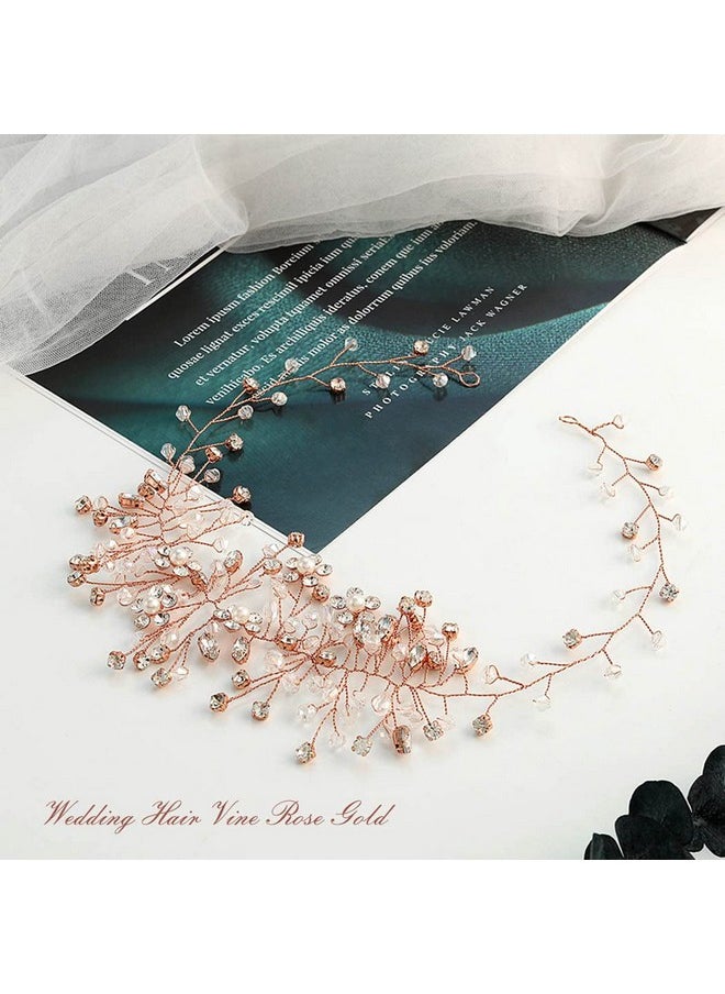 Catery Catery Flower Bride Wedding Headband Crystal Pearl Hair Vine Braid Headpiece Bridal Hair Accessories for Women (Rose Gold)  - Image 3