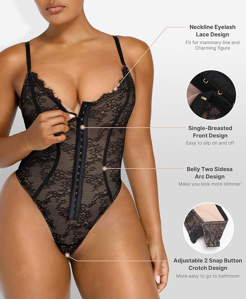 SHAPELLX One-Piece Lace Shapewear Bodysuit for Women Body Shaper Fajas for Women Tummy Control Black Small - Image 3