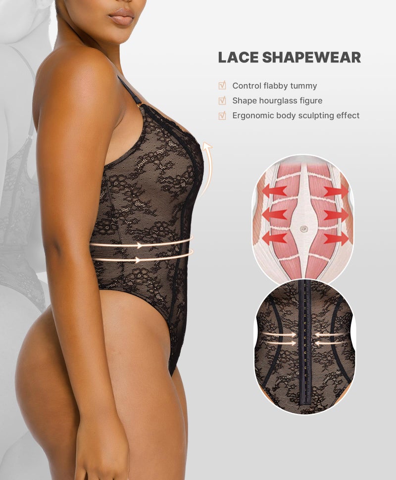 SHAPELLX One-Piece Lace Shapewear Bodysuit for Women Body Shaper Fajas for Women Tummy Control Black Small - Image 5