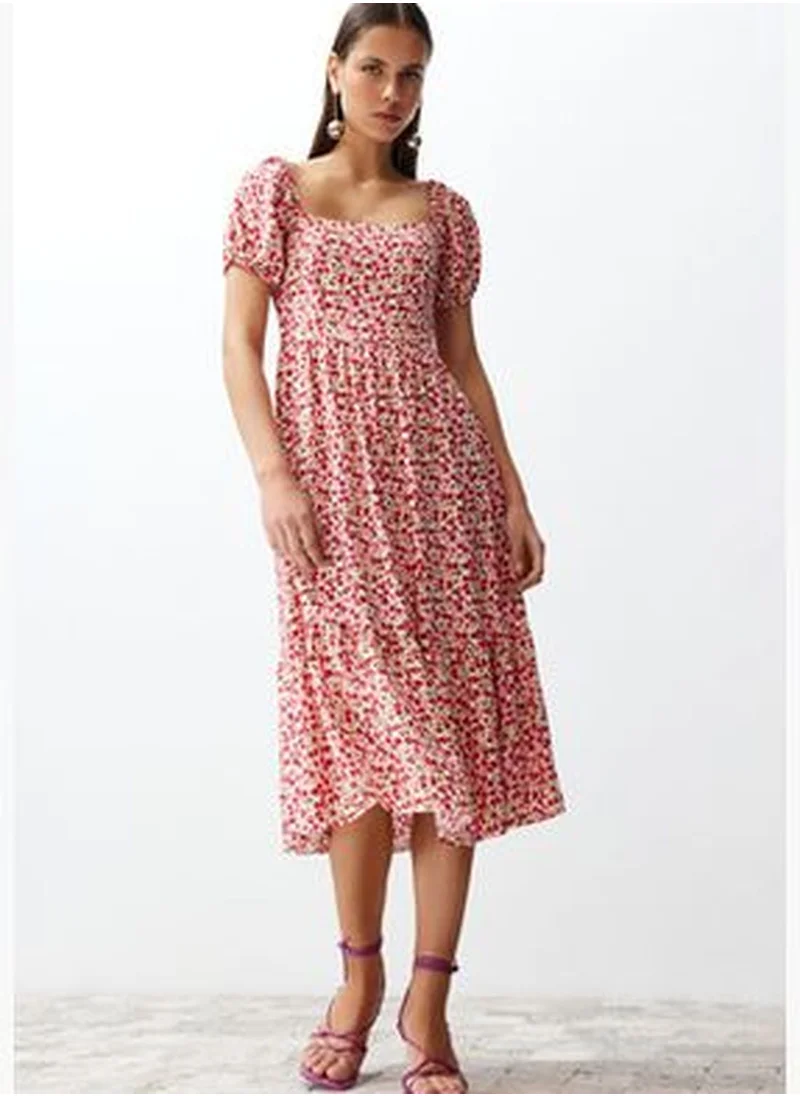 trendyol Pink Floral Waist Opening Midi Woven Dress