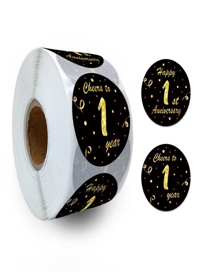 REWIDPARTY Black Gold 1st Anniversary Party Stickers Rolls Cheers to 1 Year Stickers Anniversary Party Decorations Happy 1st Birthday Adhesive Stickers Happy 1st Wedding Anniversary Party Supplies(500 Per Roll) - Image 1