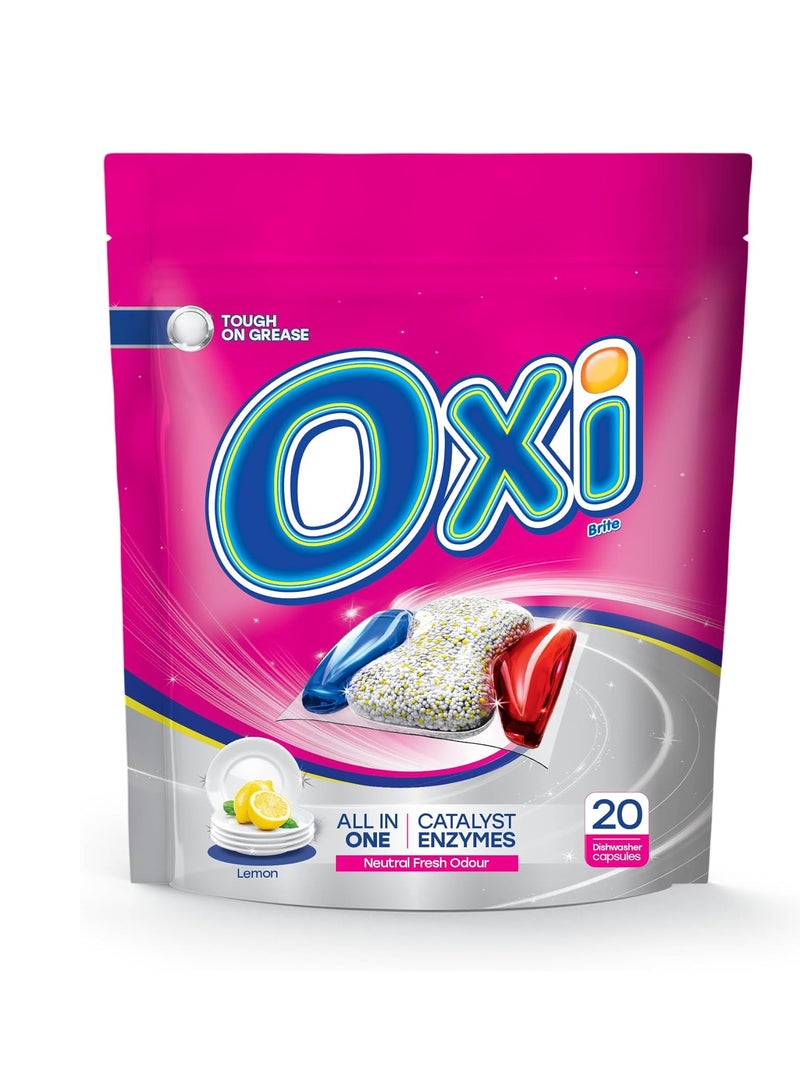 أوكسي كبسولات برايت لغسالة الأطباق تركيبة إنزيمية متكاملة قوية على الشحوم برائحة الليمون من اوكسي، 20 كبسولة - Image 1