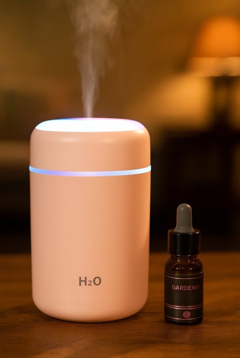 اتش 2 او طقم مرطب هواء صغير محمول مع زيت عطري غاردينيا 10 مل - موزع روائح بـ USB سعة 180 مل مع إضاءة RGB - Image 1