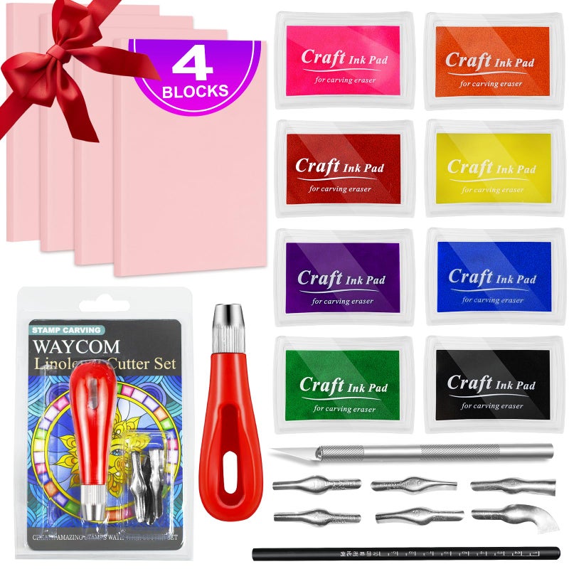 WAYCOM 18 Pcs Rubber Stamp Making Kit, Linoleum Cutter Set, Craft Ink Pad, Hobby Knife, Pencil for DIY Stamp Carving Craft - Image 1