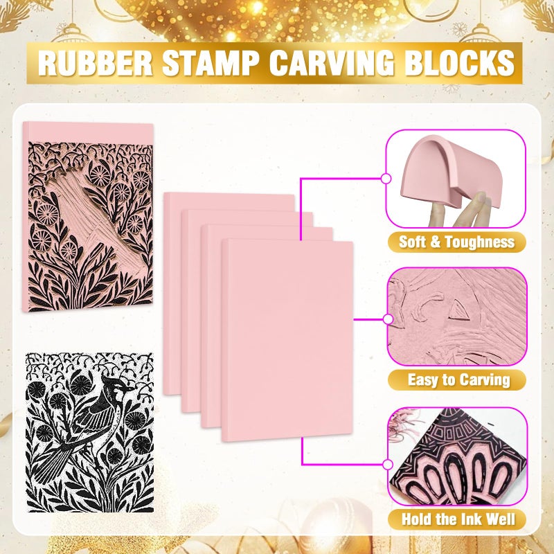 WAYCOM 18 Pcs Rubber Stamp Making Kit, Linoleum Cutter Set, Craft Ink Pad, Hobby Knife, Pencil for DIY Stamp Carving Craft - Image 4