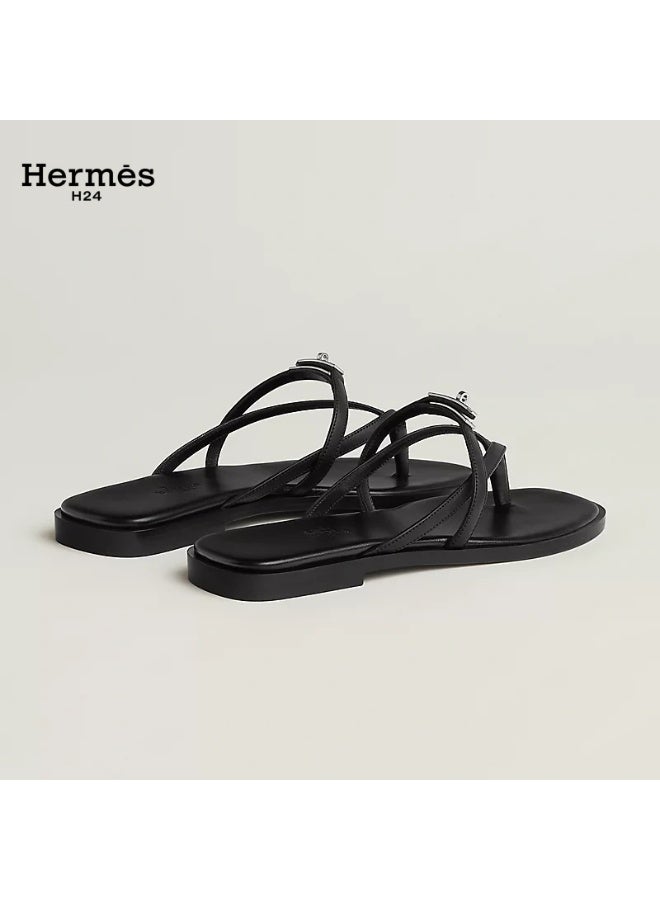 Hermes H24 صندل هيرميس H24 ميس من جلد العجل، بأشرطة متقاطعة ومشبك معدني، 0.6 سم، صيفي للنساء، أسود - Image 2